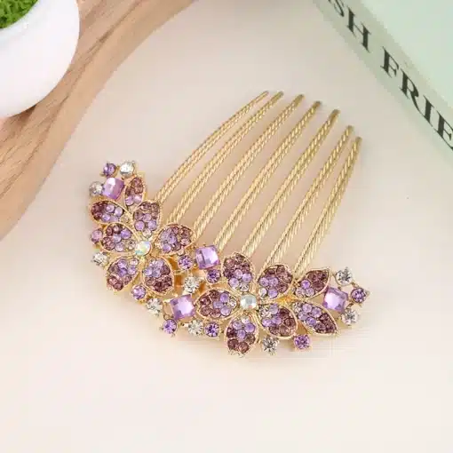 Rhinestone Hair Comb - Purple Floral