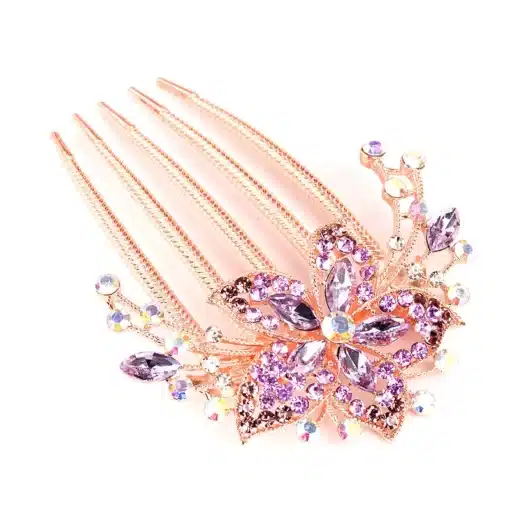 Rhinestone Hair Comb - Purple Diamante Flower