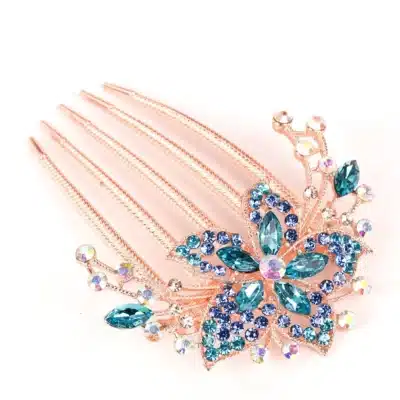 Rhinestone Hair Comb - Turquoise Diamante Flower