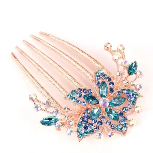 Rhinestone Hair Comb - Turquoise Diamante Flower