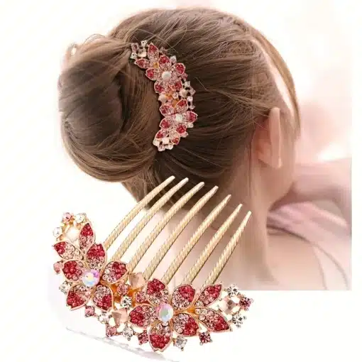 Rhinestone Hair Comb - Rose Pink Floral