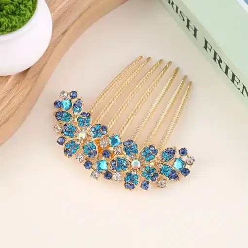 Rhinestone Hair Comb - Turquoise Floral