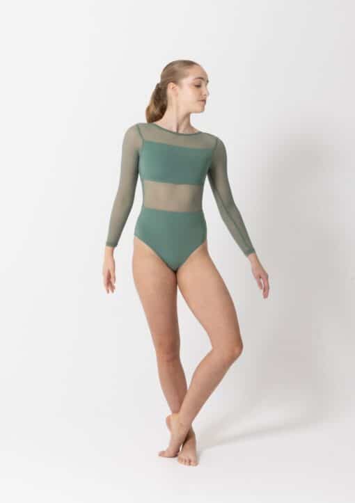 Cleo Mesh Long Sleeve Leotard - Forest Green - CHILD