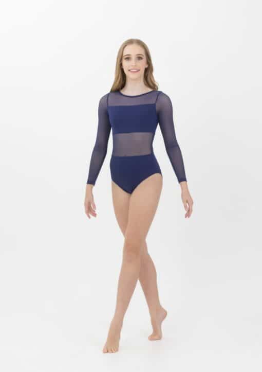 Cleo Mesh Long Sleeve Leotard - Navy - CHILD