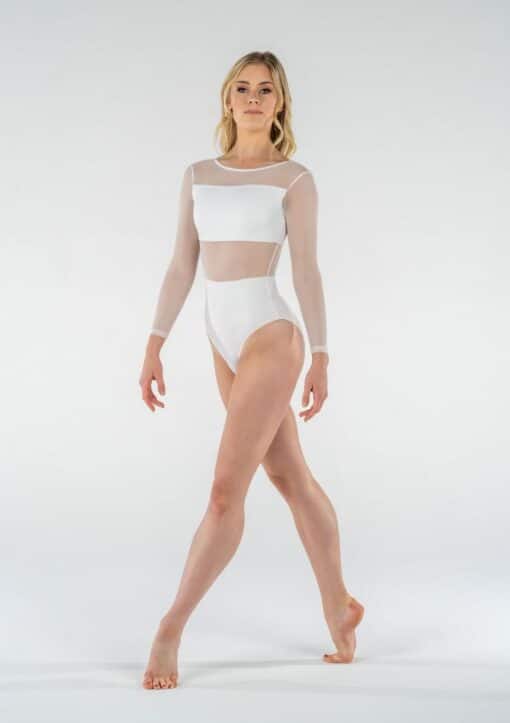 Cleo Mesh Long Sleeve Leotard - White - ADULT