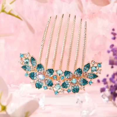 Rhinestone Flower Design Hair Comb - Blue