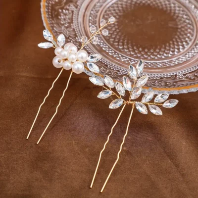 Diamante & Pearl Leaf Hair Pins - Silver - 2pk