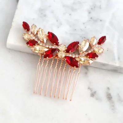 Mini Rhinestone Hair Comb - Red & Silver